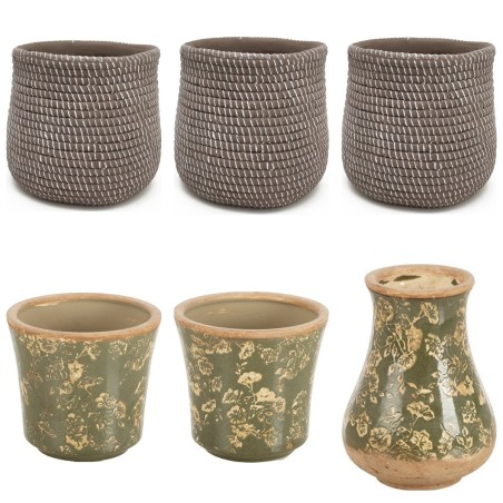 Cache-pots effet corde marron et céramique vert foncé garnis de chrysanthèmes – grossiste en cache-pots de Toussaint