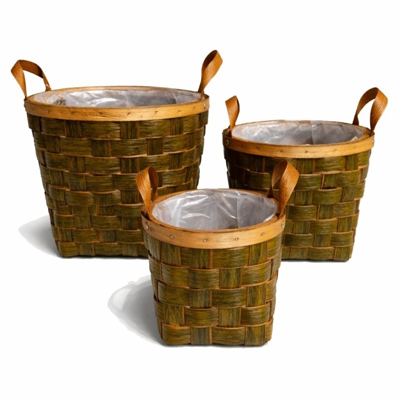 Cache-pot rond en bois tressé brun à anses  lot de 3  grossiste en cache-pots pour fleuristes