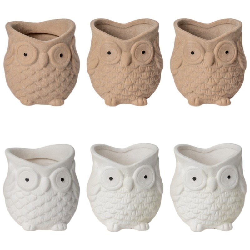 Vases chouette taupe et blanc garnis de plantes grasses et bruyères – grossiste en cadeaux d'automne