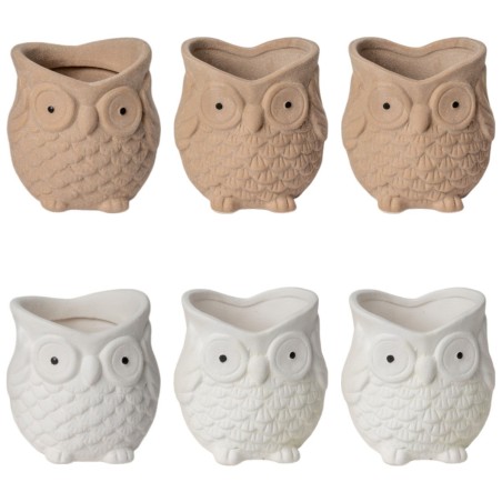 Vases chouette taupe et blanc garnis de plantes grasses et bruyères – grossiste en cadeaux d'automne
