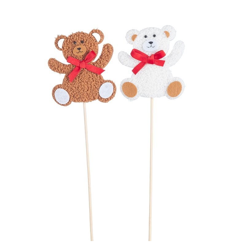 Pique ourson marron et blanc  lot de 6 - grossiste en piques pour fleuristes