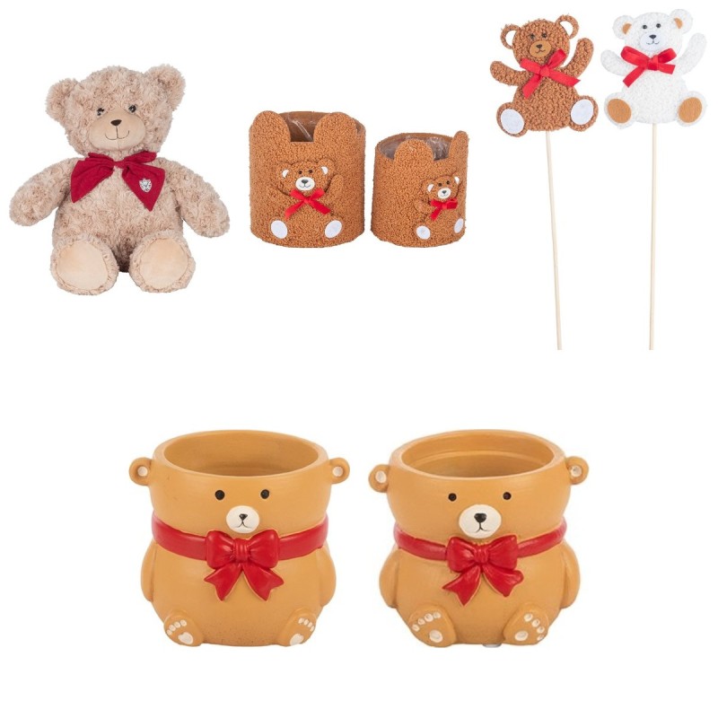 Oursons en peluche, cache-pots ourson et piques à nœud rouge garnis de plantes – grossiste en cadeaux d'hiver