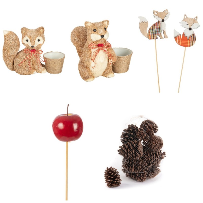 Cache-pots renard et écureuil garnis, piques renard et pommes rouges – grossiste en décoration d'automne