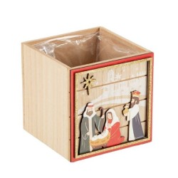 Cache-pot cube Nativité rois mages en bois 12 x 12 H.12 cm - grossiste en cache-pots de Noël