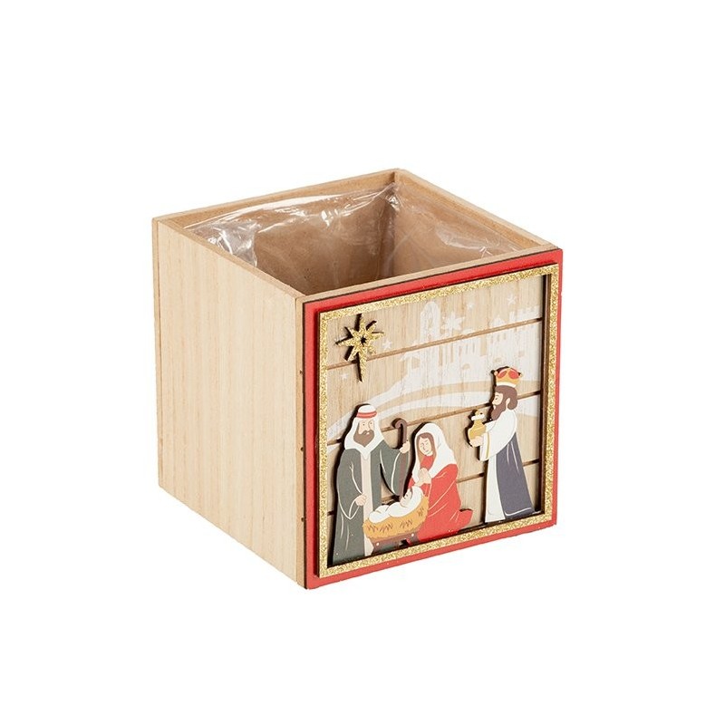 Cache-pot cube Nativité rois mages en bois 12 x 12 H.12 cm - grossiste en cache-pots de Noël