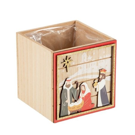 Cache-pot cube Nativité rois mages en bois 12 x 12 H.12 cm - grossiste en cache-pots de Noël
