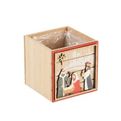 Cache-pot cube Nativité rois mages en bois 10 x 10 H.10 cm - grossiste en cache-pots de Noël