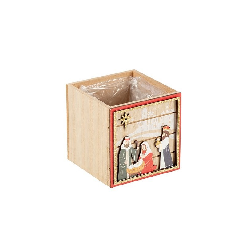 Cache-pot cube Nativité rois mages en bois 10 x 10 H.10 cm - grossiste en cache-pots de Noël
