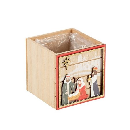 Cache-pot cube Nativité rois mages en bois 10 x 10 H.10 cm - grossiste en cache-pots de Noël