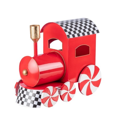 Locomotive de Noël rouge en métal toit damier 40 x 20 H.35 cm - grossiste en décoration de Noël
