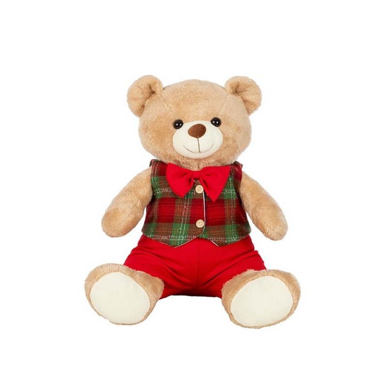 Peluche ourson assis tenue écossaise rouge et verte H.40 cm  grossiste en peluches de Noël