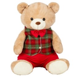 Peluche ourson géant assis tenue écossaise rouge et verte H.65 cm  grossiste en décoration de vitrine