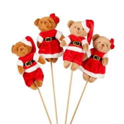 Pique ourson en tenue de Père Noël sur tige 42 cm  lot de 12  grossiste en piques de Noël pour fleuristes