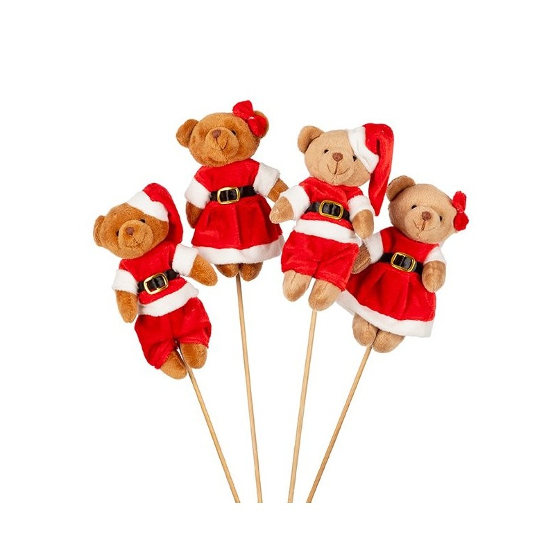 Pique ourson en tenue de Père Noël sur tige 42 cm  lot de 12  grossiste en piques de Noël pour fleuristes