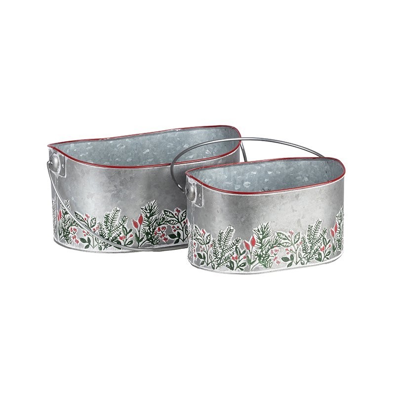Set de 2 paniers ovales de Noël en métal gris à anse  grossiste en paniers de Noël pour fleuristes