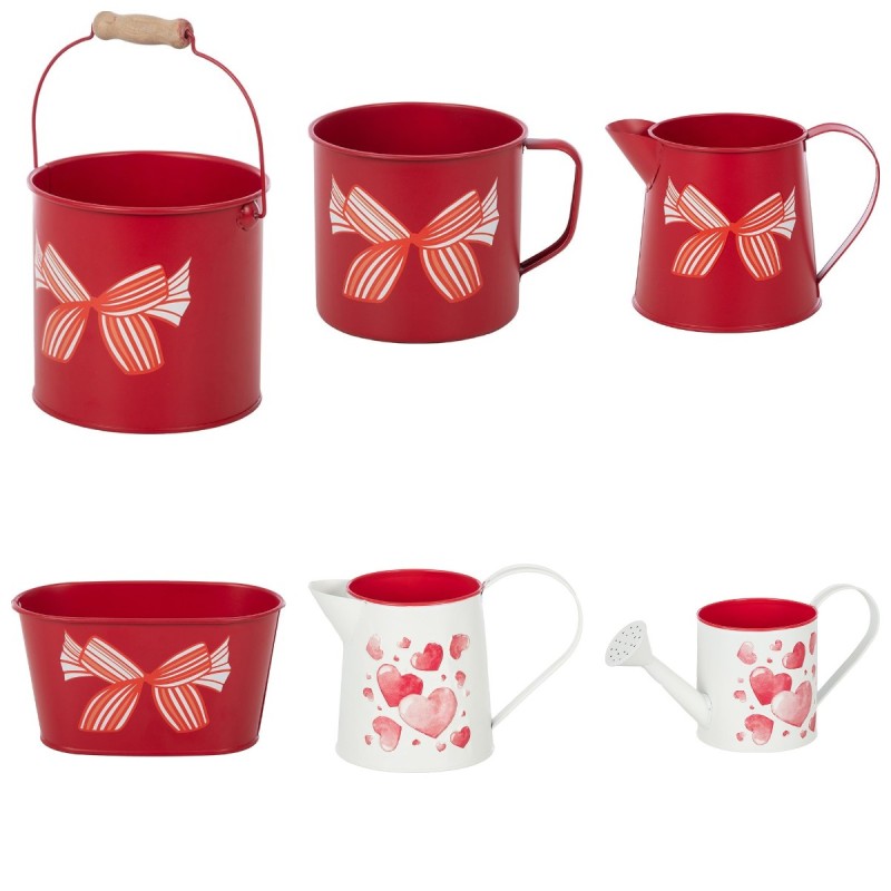 Seaux, pichets et arrosoirs en fer-blanc rouges et blancs garnis de fleurs – grossiste en contenants de Saint-Valentin