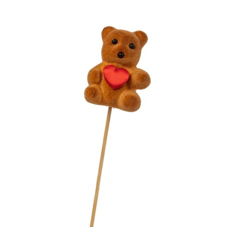 Pique ourson beige avec cœur rouge H.35 cm lot de 18  grossiste en piques pour fleuristes