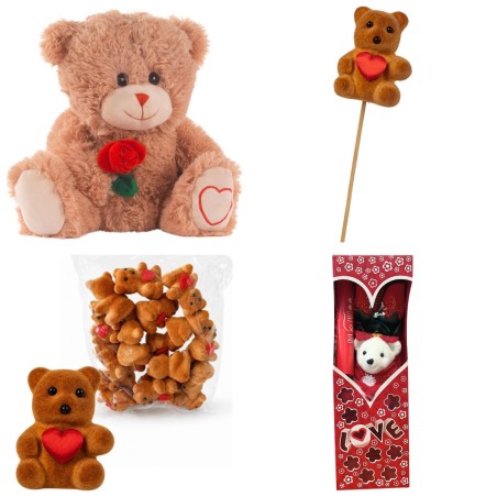 Comptoir de Saint-Valentin : ours à la rose, piques oursons et coffrets avec bouquets – grossiste en peluches