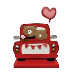 Voiture de face avec oursons et cœur rouge en métal H.36 cm - grossiste en décoration de Saint-Valentin