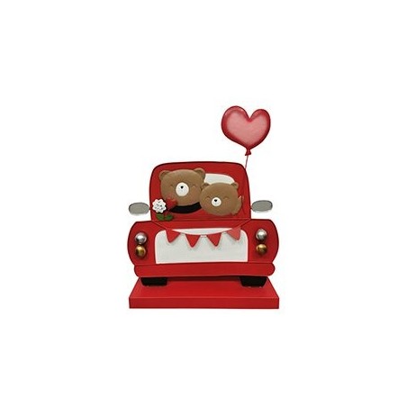 Voiture de face avec oursons et cœur rouge en métal H.36 cm - grossiste en décoration de Saint-Valentin
