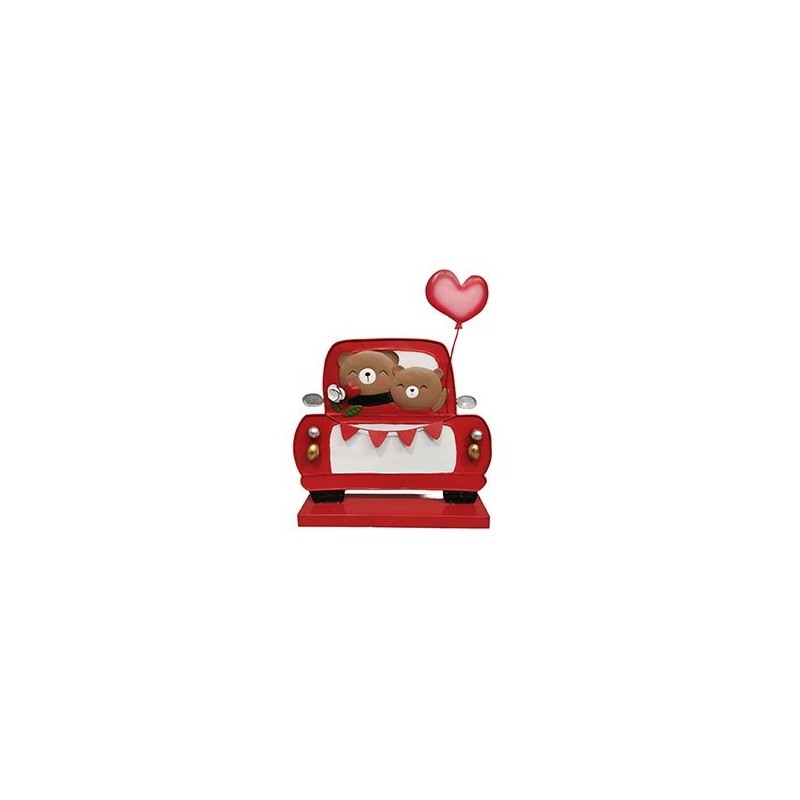 Grande voiture de face avec oursons et cœur rouge en métal H.80 cm - grossiste en décoration de vitrine