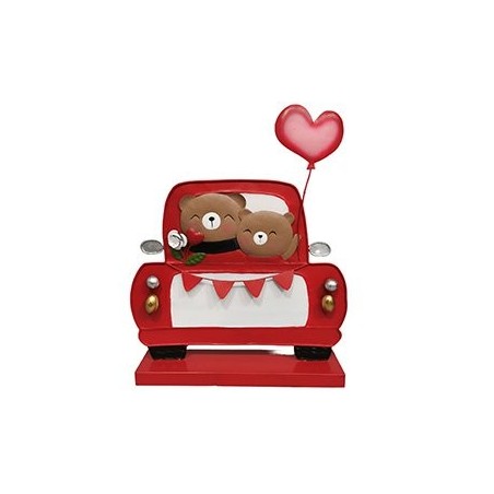 Grande voiture de face avec oursons et cœur rouge en métal H.80 cm - grossiste en décoration de vitrine