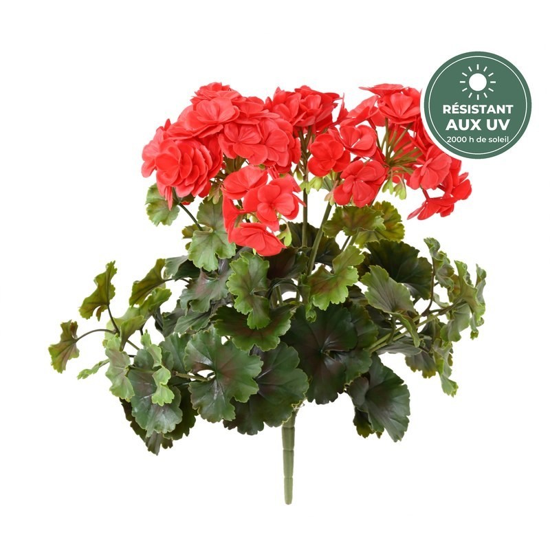 Géranium artificiel rouge 35 cm anti-UV, vente en gros pour fleuristes