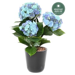 Hortensia artificiel bleu 45 cm à 3 têtes, résistant aux UV, grossiste en fleurs artificielles