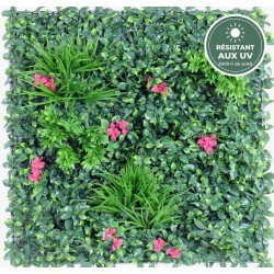 Mur végétal artificiel fleuri vert et fuchsia 100 × 100 cm, grossiste en plantes artificielles