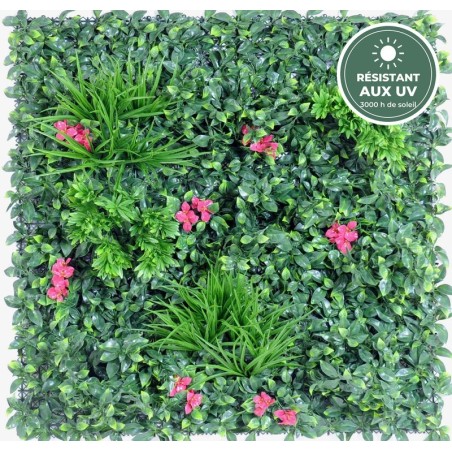 Mur végétal artificiel fleuri vert et fuchsia 100 × 100 cm, grossiste en plantes artificielles