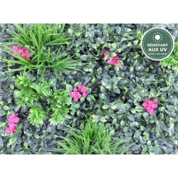 Détail des fleurs fuchsia du mur végétal artificiel 100 cm, vente en gros pour fleuristes et restaurateurs