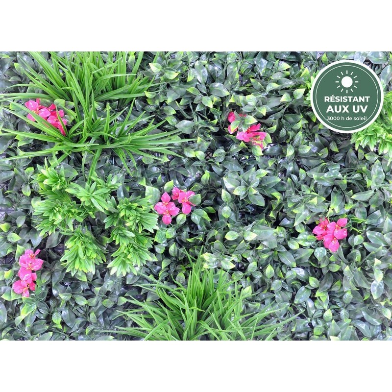 Détail des fleurs fuchsia du mur végétal artificiel 100 cm, vente en gros pour fleuristes et restaurateurs