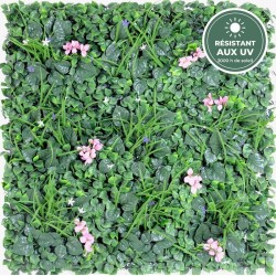 Mur végétal artificiel fleuri vert et rose 100 × 100 cm, grossiste en décoration végétale