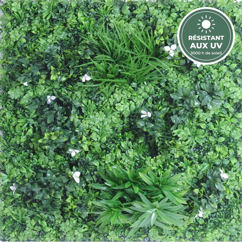 Mur végétal artificiel fleuri vert et blanc 100 × 100 cm, grossiste en plantes artificielles extérieur