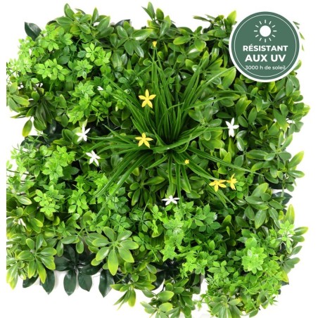 Plaque de mur végétal fleuri vert et jaune 50 × 50 cm, grossiste en plantes artificielles