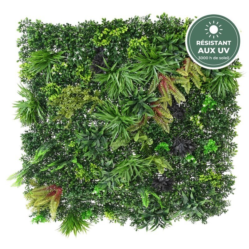Mur végétal artificiel vert et pourpre 100 × 100 cm, grossiste en plantes artificielles