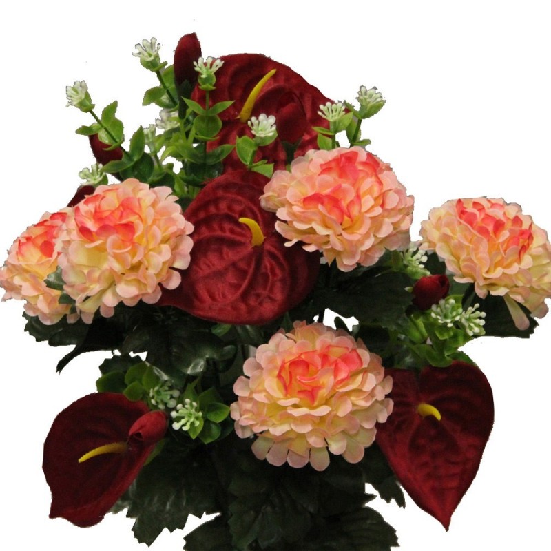 Piquet fleurs artificielles avec anthuriums et dahlias couleur saumon H45cm Piquet fleurs artificielles avec anthuriums et dahlias couleur saumon H45cm