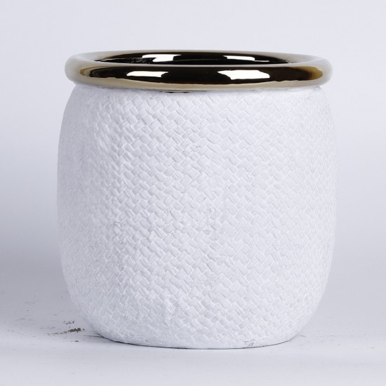 Cache pot blanc mat avec rebord couleur or Ø18,5cm H19,5cm