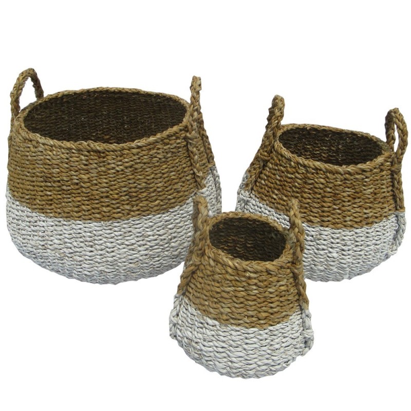 Vannerie Ronde Design Bi-Color Blanc et Marron - Lot de 3 + Vannerie Ronde Design Bi-Color Blanc et Marron - Lot de 3 +