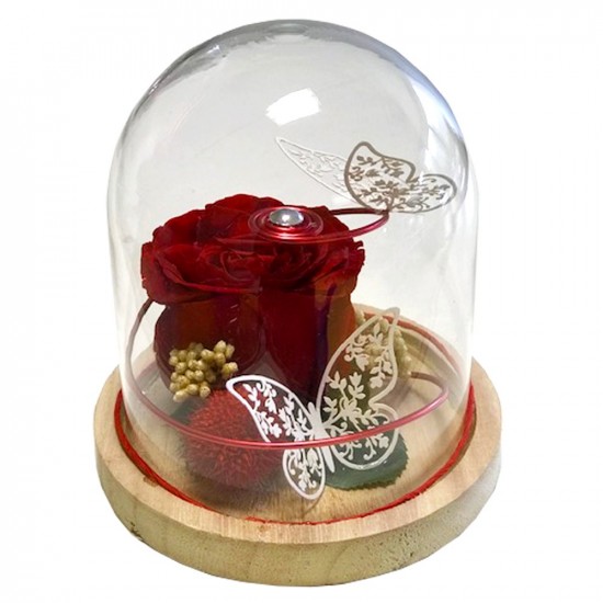 Composition florale de St-Valentin avec cloche et rose éternelle rouge