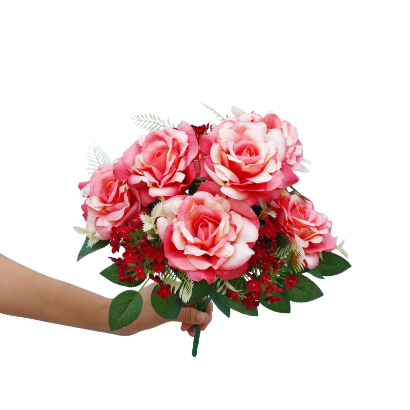 Piquet artificiel roses et fleurette en rose saumon