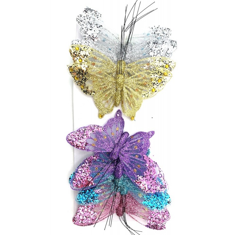 Papillons sur pic boîte de 12 pièces de 6 couelurs H15 cm