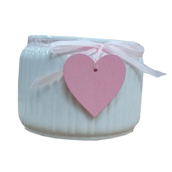 Pot Blanc strié avec Ruban et Coeur Rose Couture ø13,8 x H10,5cm