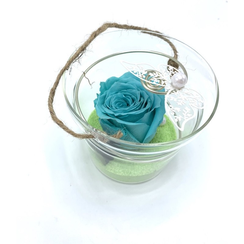 *** Composition florale décorative - Seau - Envolée - Turquoise ø12cm H13 cm