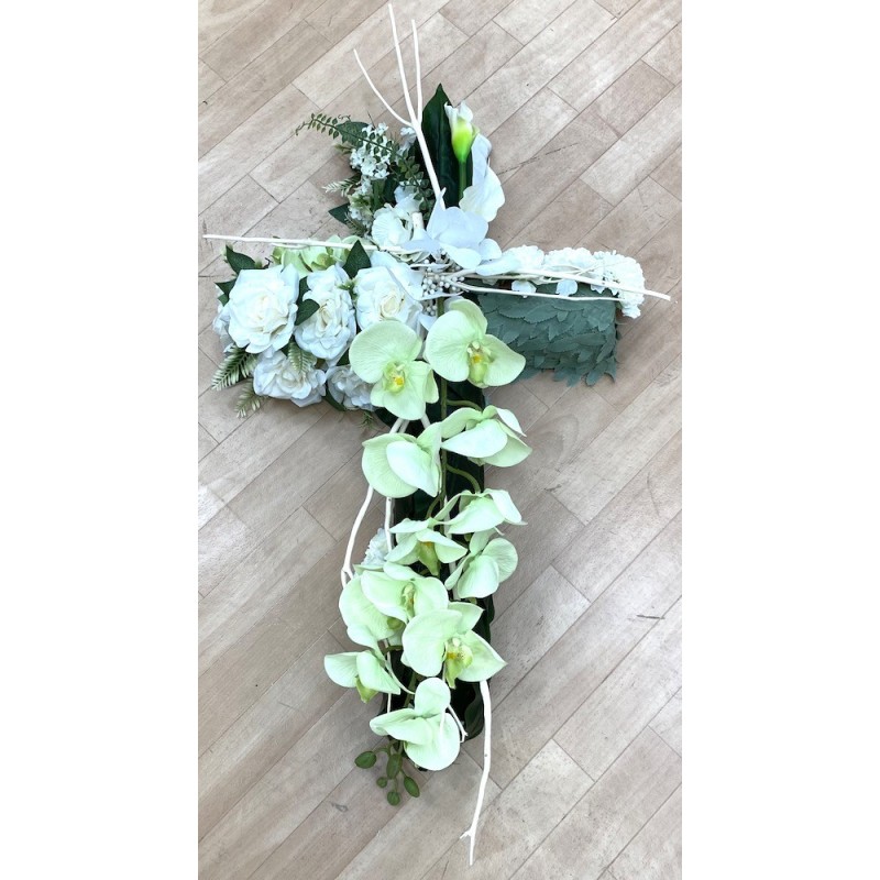 ***Composition florale funéraire - Croix - Vancouver - Blanc H85cm