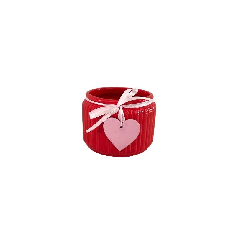 Pot Rouge strié avec Ruban et Coeur Rose ø13,8 x H10,5cm