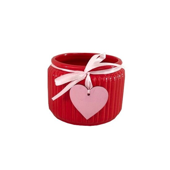 Pot Rouge strié avec Ruban et Coeur Rose Couture ø13,8 x H10,5cm
