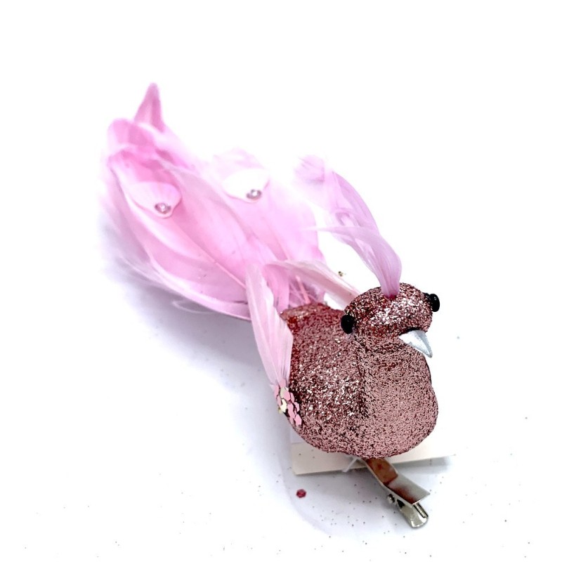 Oiseau avec clip à ressort paillette et plume Rose H8 cm