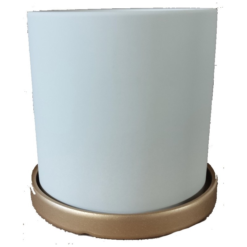 Pot Cylindrique Céramique percé Ivoire avec Soucoupe dorée ø11 x H 11cm