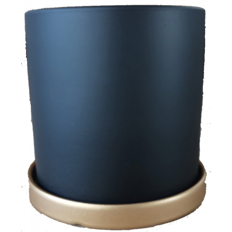 Pot Cylindrique Céramique percé Noir avec Soucoupe dorée ø14 x H 14cm14 H 14CM